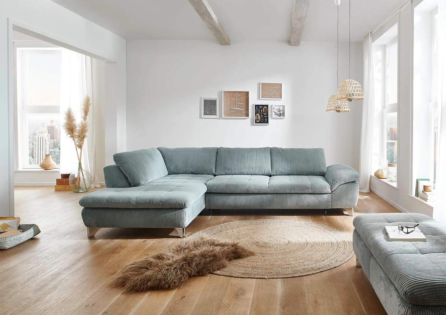 Ecksofa in Cordstoff Aqua links mit Armteilfunktion mit Stauraum