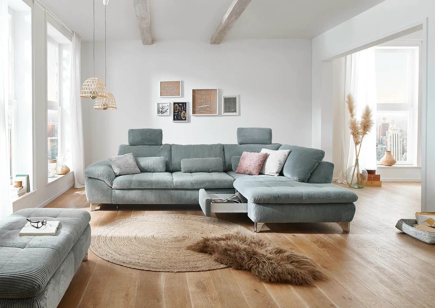 Ecksofa in Cordstoff Aqua rechts mit Stauraum mit Schlaffunktion